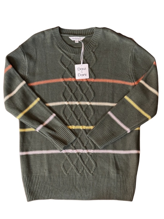 DAVI & DANI Sweaters - DAVI & DANI ARMY GREEN STRIPE CABLE KNIT SWEATER SIZE LARGE - NWT